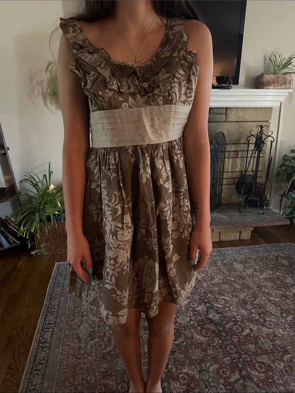 Ruffled Brown Floral Mini Dress with Contrasting Waistband